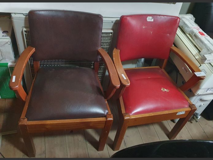 PAIR MAHOGANY & LEATHER TOUCH ARMCHAIRS