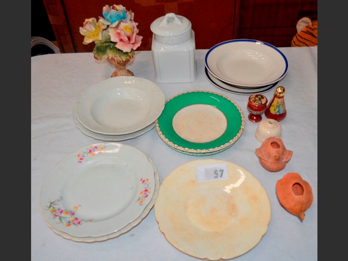CLARICE CLIFF, ALFRED MEAKIN & SHELLEY: PLATES, ROSE ORNAMENT, JAR WITH LID, etc [Damage to some pieces]