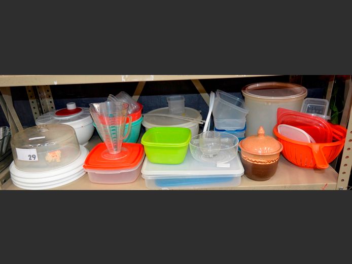 PLASTIC STORAGE CONTAINERS, SALAD SPINNER, MEASURING JUG, etc