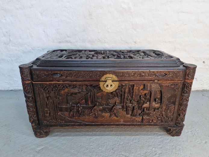 1940's-60s Asian Carved Camphor Wood Storage Chest