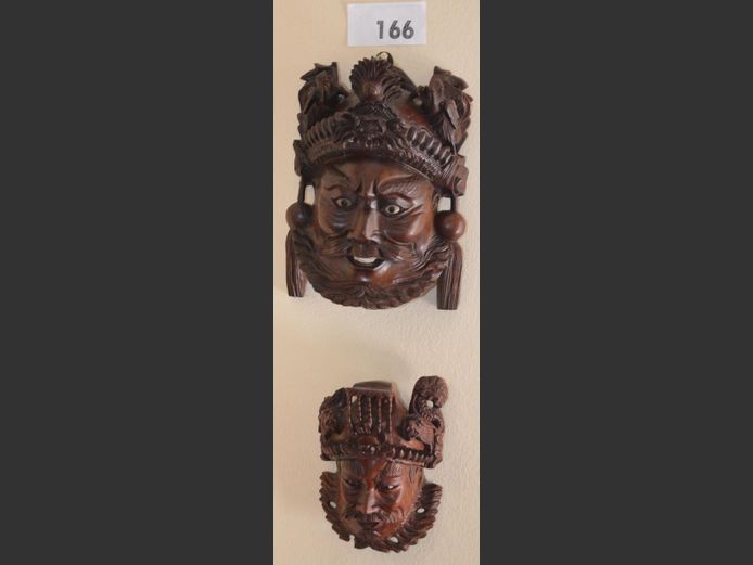 LOT OF 2: CARVED ROSEWOOD CHINESE WARRIOR MASKS, 15 x 12cm & 21 x 15cm