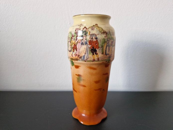 Vintage Hanley England Crinkle Glaze Vase with Village Scene