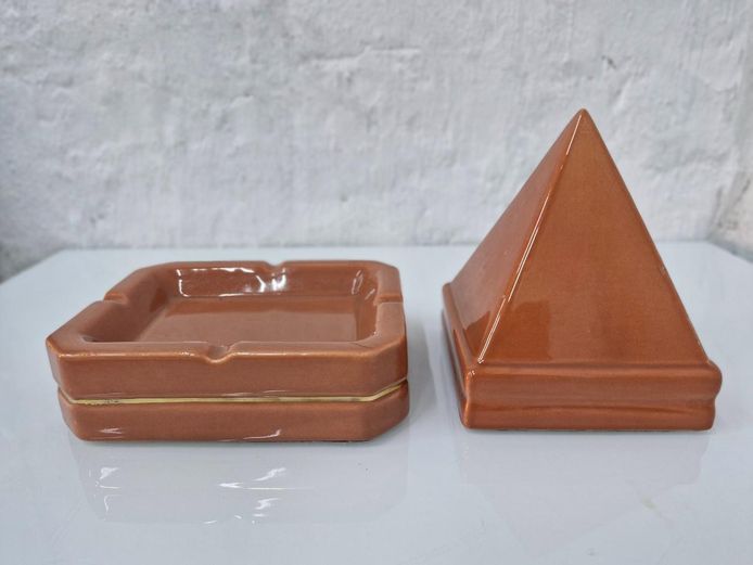 Vintage Ceramic Terracotta Glaze Ashtray & Pyramid 