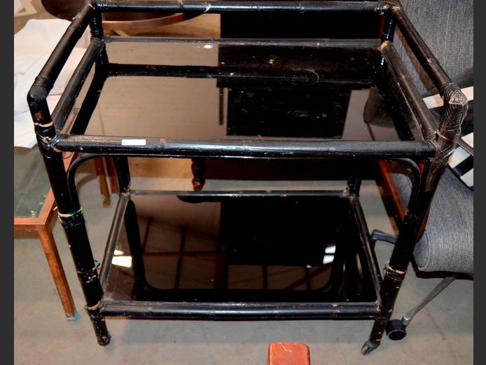 CANE UNDER BLACK PAINT TEA TROLLEY WITH BOTTOM SHELF, 82 x 52 x 85cm [Rattan wrappings loose]