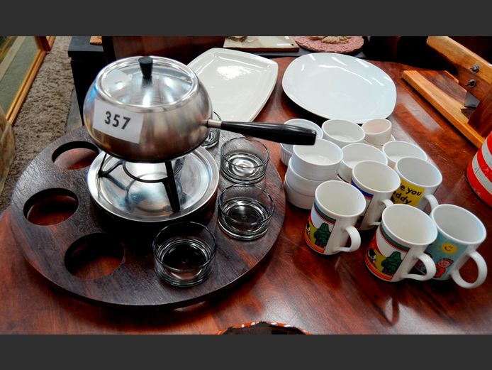 STAINLESS STEEL FONDUE SET ON STAND, WHITE PLATTERS, RAMEKINS, etc