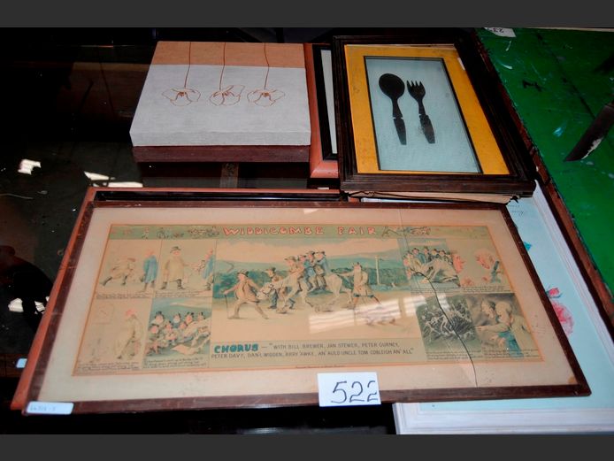 FRAMED VINTAGE POSTER PRINT "WIDDICOMBE FAIR", 57 x 23cm [Glass broken] & OTHERS