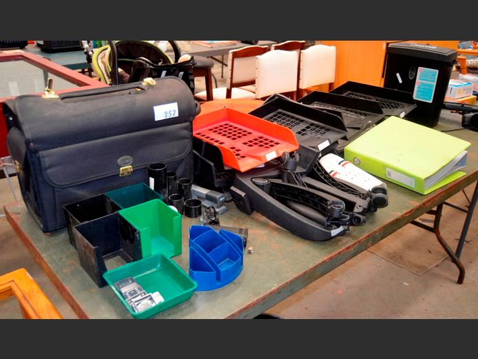 SCRIPTO PAPER SHREDDER [Switches on, untested further], ASSORTED STATIONERY, BRIEFCASE, etc [47808-14; 47853-12,13,14]