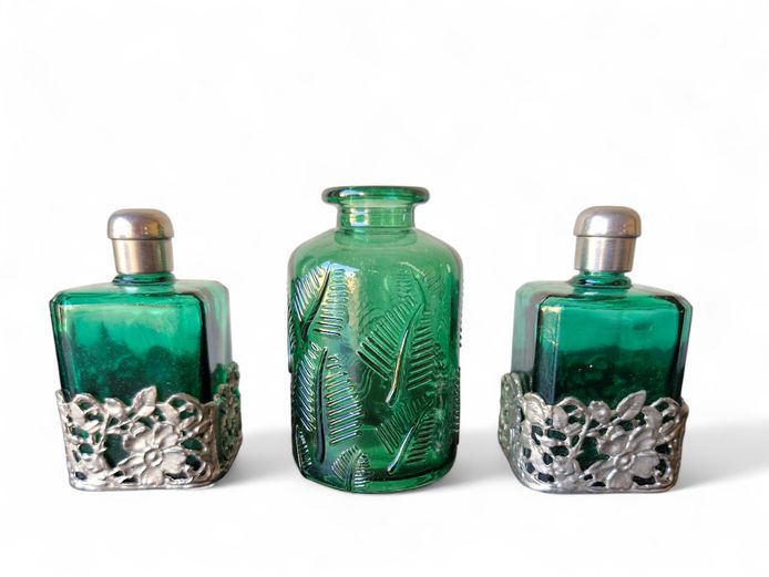 Art Deco Style Emerald Green Glass Perfume Bottles