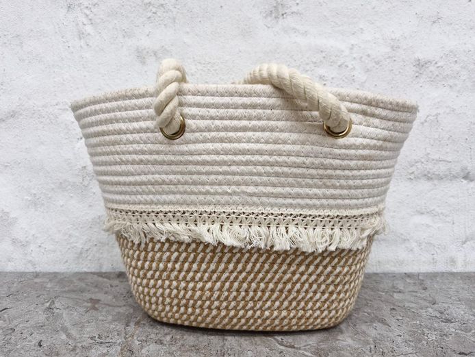 Woven Cotton Rope Basket Tote with Knotted Cord Handles