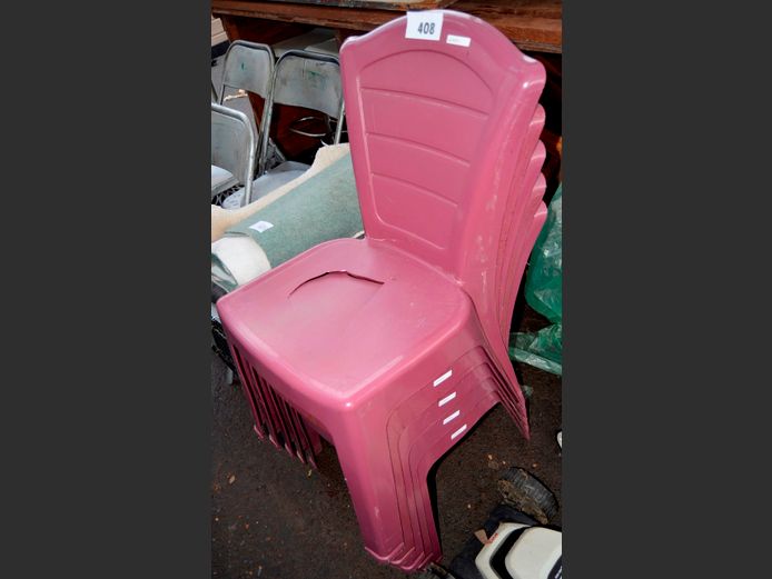 LOT OF 5: BURGUNDY PATIO CHAIRS [Some damaged]
