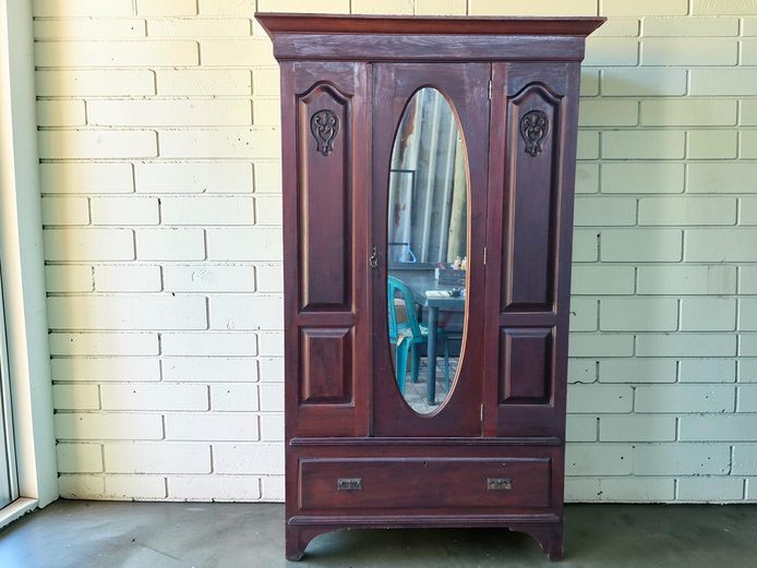 Antique Edwardian Three-Door Mirrored Wardrobe