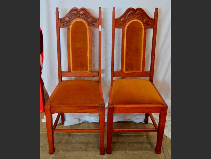 PAIR OAK DINING CHAIRS WITH MUSTARD UPHOLSTERED SEATS & BACKS