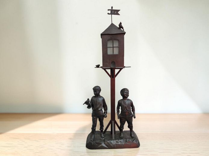 Large Cast Iron Figural Boy and Birdhouse Table Lamp
