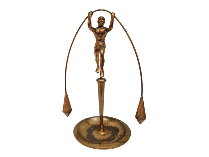 Mid-Century Copper Finish Tightrope Walker Kinetic Balancing Ashtray Sculpture