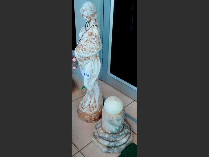 CONCRETE STATUE OF A MAIDEN, 80cm High, & A GRANITE ORNAMENT, 33cm High