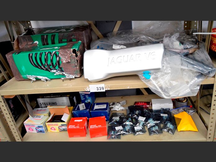LARGE LOT ON 2 SHELVES: 2 x LEAPING JAGUARS, BALL JOINT FRONT, BRAKE LIGHTS, COIL SPRINGS, STEERING PARTS, SUSPENSION ARMS, etc [Majority for jaguar]