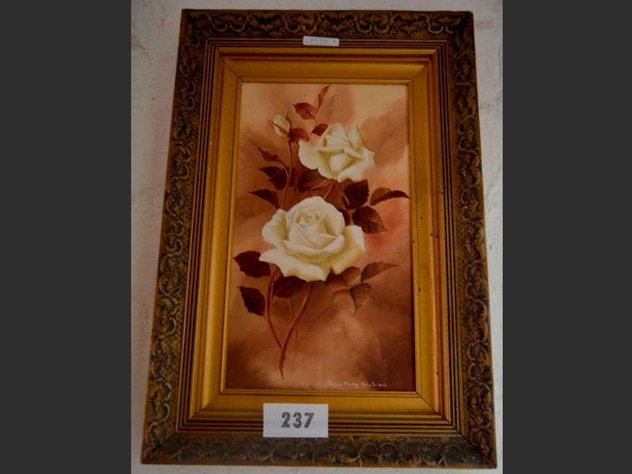 GILT FRAMED OIL ON CANVAS "ROSES" SIGNED ROSE-MARY HACKING, 39 x 21.5cm