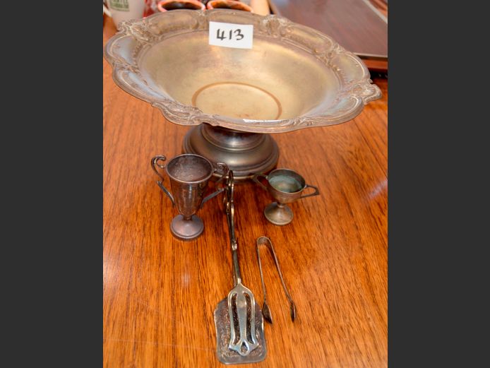 SILVER PLATE BOWL 37cm Diameter x 16.5cm High, SUGAR NIPS, SANDWICH TONG, etc