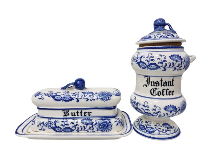 Vintage Blue Onion Style Ceramic Coffee Canister & Butter Dish Set