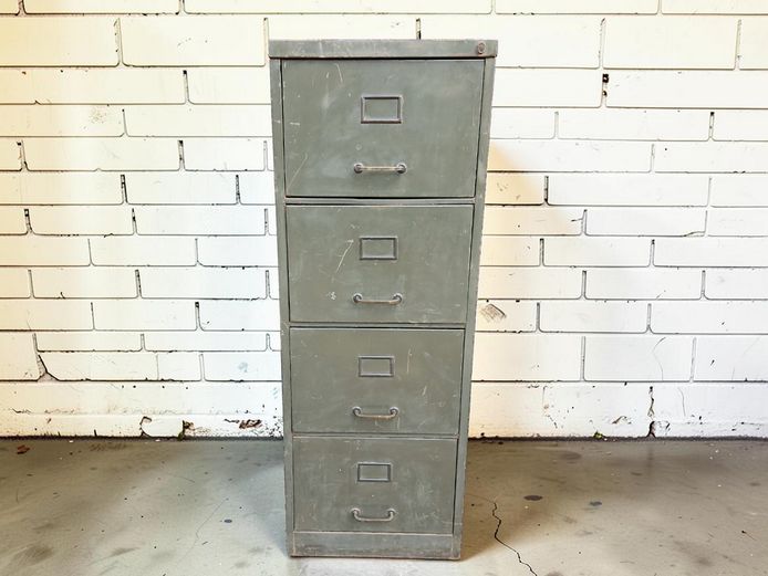 Vintage Industrial 4-Drawer Steel Filing Cabinet with Brass Yale Lock & Handles