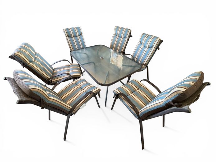 Outdoor Patio Dining Set – Glass Table with Six Chairs