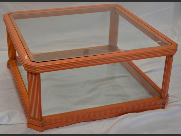 BEECHWOOD GLASS TOP COFFEE TABLE WITH BOTTOM SHELF, 98 x 98 x 45cm
