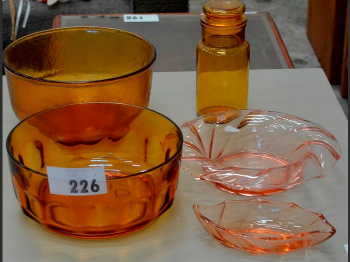 PINK GLASS BOWL & SNACK DISH, AMBER GLASS BOWLS, etc