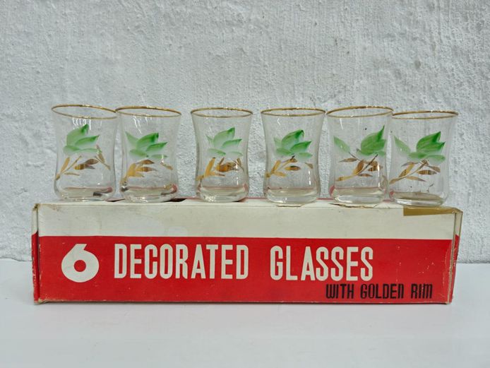 Set of 6 Decorated Shot Glasses - Gold Rim & Green Leaf Floral 