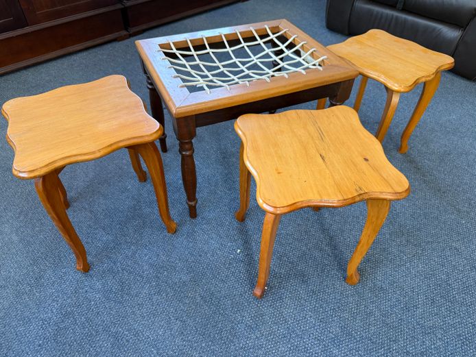 3 x Yellow Wood Side Tables & Yellow Wood Dressing Table Chair 