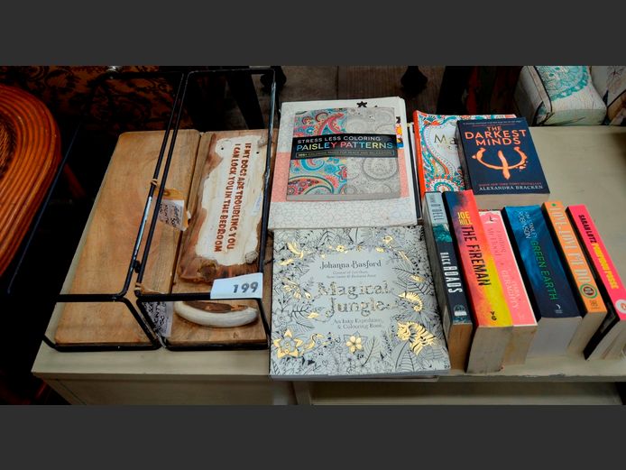 PAIR STEEL & WOOD WALL MOUNT SHELVES, ADULT COLOURING BOOKS, NOVELS, etc [#: 403466913]