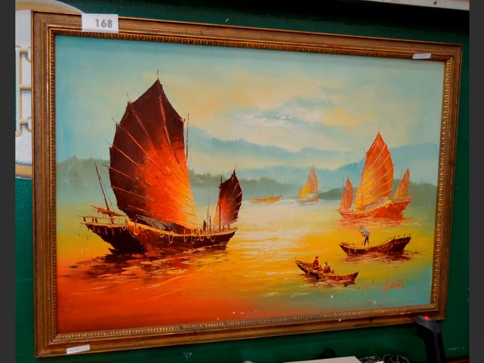 GILT FRAMED OIL ON BOARD "CHINESE JUNKS" SIGNED W. WYETH, 90 x 60cm