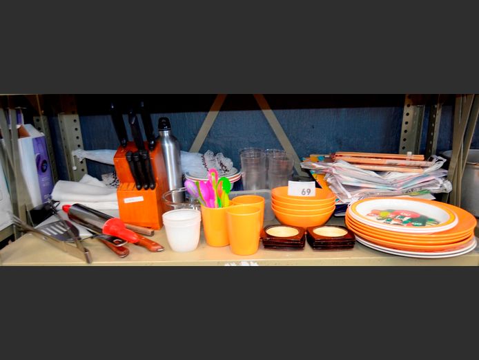 KITCHEN UTENSILS, TABLECLOTHS, BOWLS, PLASTIC PLATES, etc