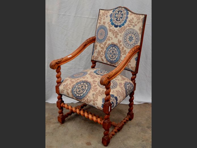 TEAK BARLEY TWIST & UPHOLSTERED ARMCHAIR