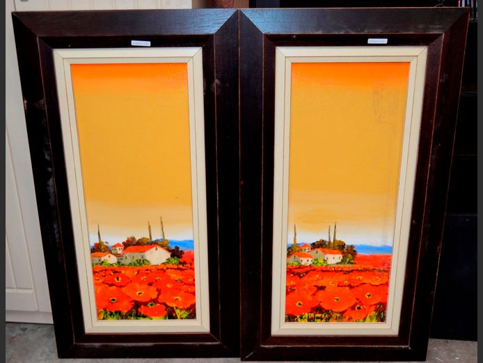 PAIR MAHOGANY FRAMED OILS ON BOARD "FARM HOUSES", 74 x 28.5cm