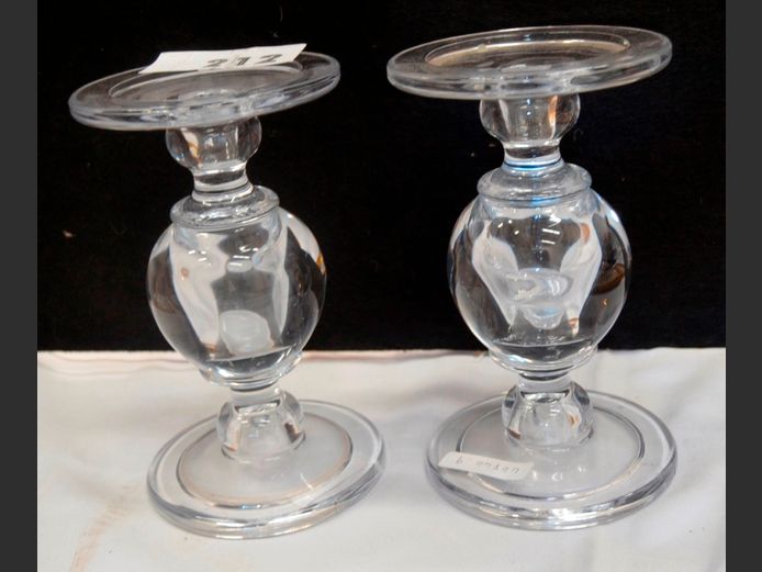 PAIR HEAVY GLASS CANDLE STANDS, 11cm Diameter x 19cm High