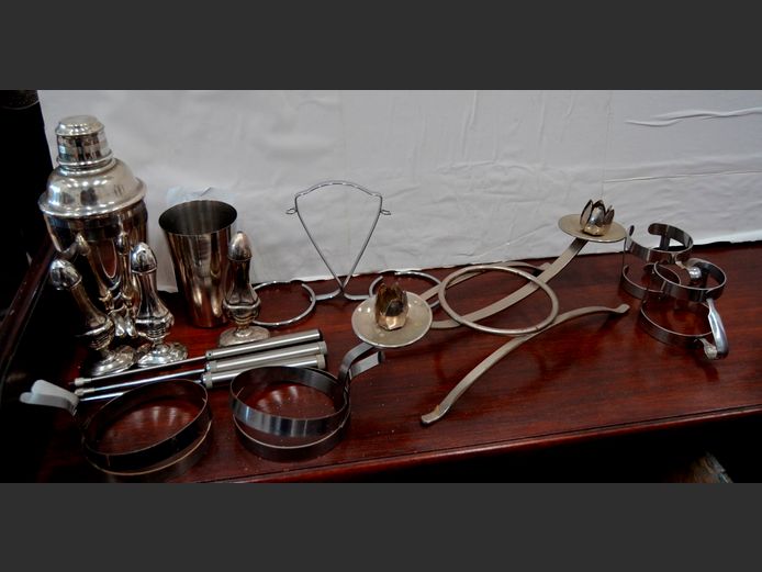 SILVER PLATE CANDLE STAND, SILVER PLATE SALT & PEPPER SHAKERS, STAINLESS STEEL COCKTAIL SHAKER, EGG RINGS, etc