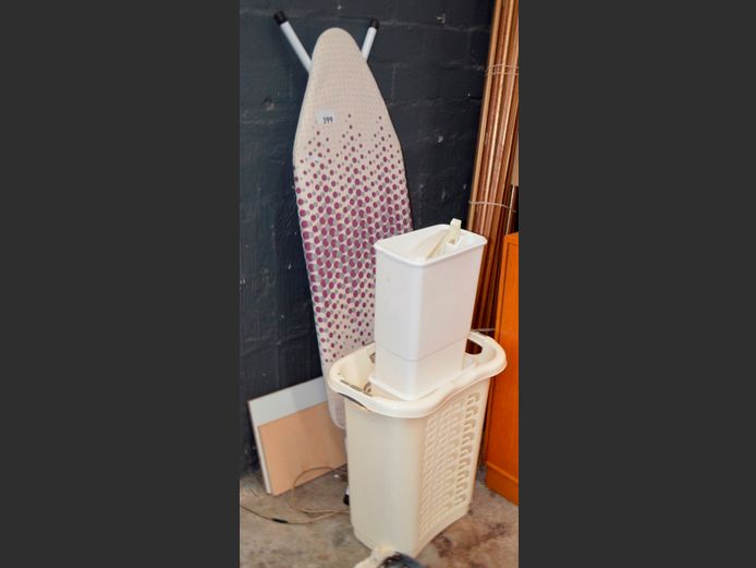 LARGE IRONING BOARD, 2 x WASTE BINS & A LAUNDRY BASKET