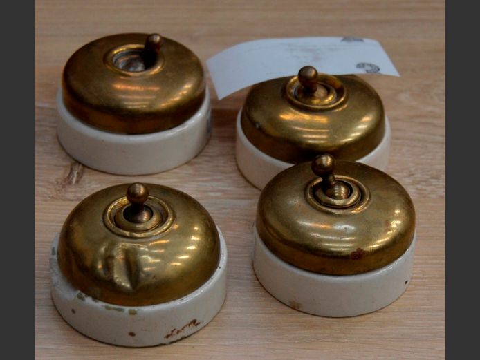 SET OF 4 VINTAGE BRASS & CERAMIC LIGHT SWITCHES, 5.5cm Diameter x 4cm High