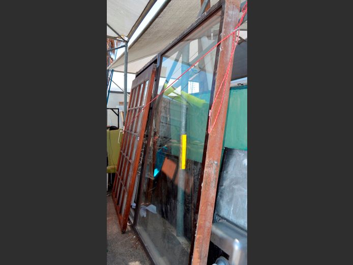 TEAK SLIDING DOOR WITH GLASS PANES, 290 x 245cm