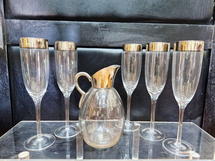 Silver Rimmed Elegant Glassware & Silver Plated Pitcher
