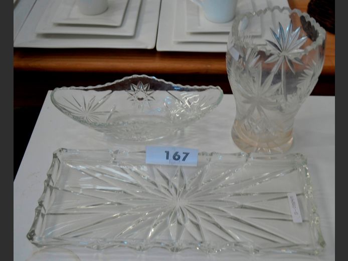 CRYSTAL: VASE, BOWL & SNACK PLATTER, 12cm Diameter x 18cm High, 24 x 11cm & 34cm x 5cm Respectively
