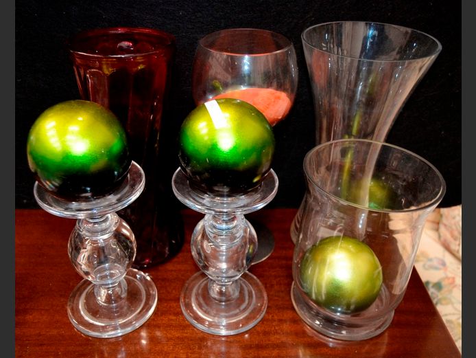 PAIR GLASS CANDLE STANDS WITH CANDLES & GLASS VASES, etc
