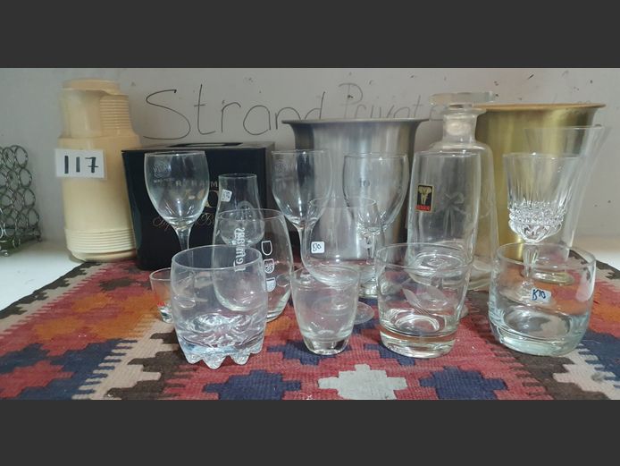 LOT: GLASS DECANTER WITH STOPPER, ICE BUCKETS, GLASSES, etc