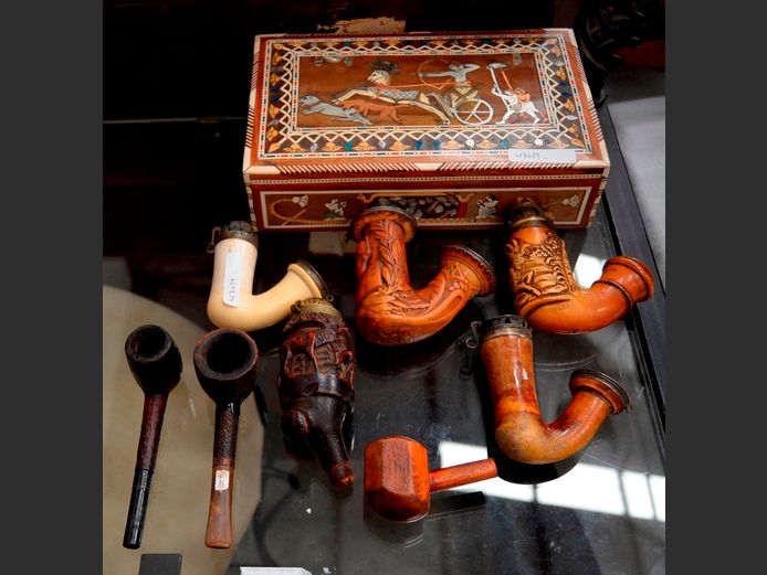 METAL & IVORY INLAID CIGAR BOX, COLLECTION VINTAGE GERMAN PIPES, etc