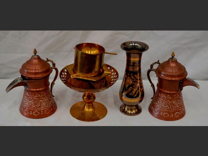 PAIR COPPER ARABIC COFFEE POTS, ENGRAVED BRASS VASE, etc