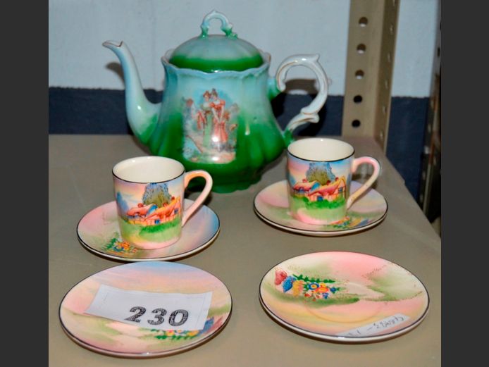 TUDOR TEAPOT WITH LID, PAIR MINIATURE CUPS & SAUCERS, etc