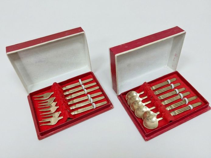 Vintage Brass Cased Dessert Set (6 Forks & 6 Teaspoons)