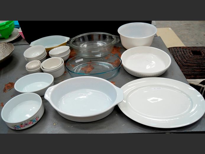 WHITE CERAMIC & GLASS CASSEROLES, RAMEKINS, PLATTER, etc