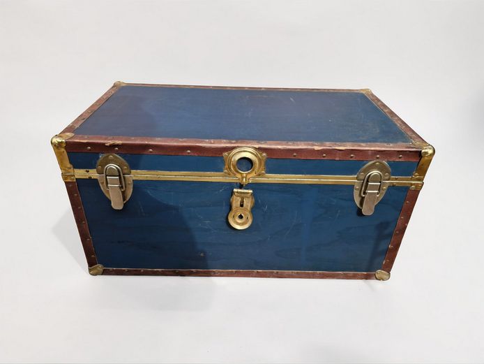 Antique Blue Steamer Trunk Storage Chest Reproduction