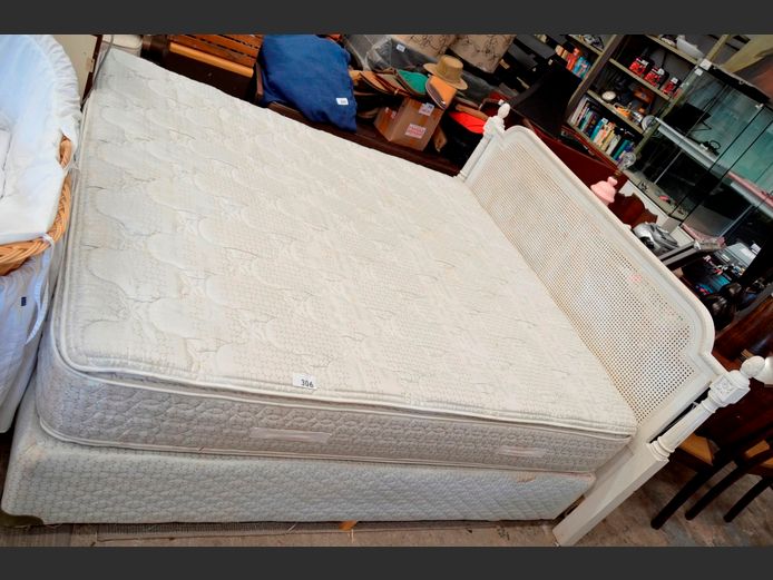 KING SIZE MATTRESS ON TWIN BASES WITH WHITE PAINTED RATTAN HEADBOARD